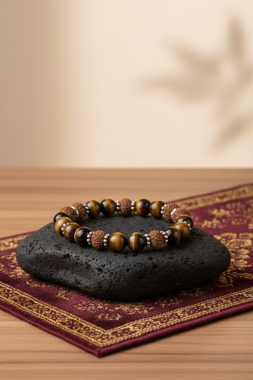 Natural Tiger Eye & 8 Mukhi Rudraksha Bracelet | Silver Chakri, 10mm