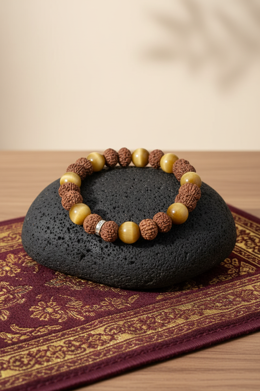 Natural Brown Cat's Eye & 8 Mukhi Rudraksha Bracelet – 8mm Healing & Meditation Gemstone Bracelet