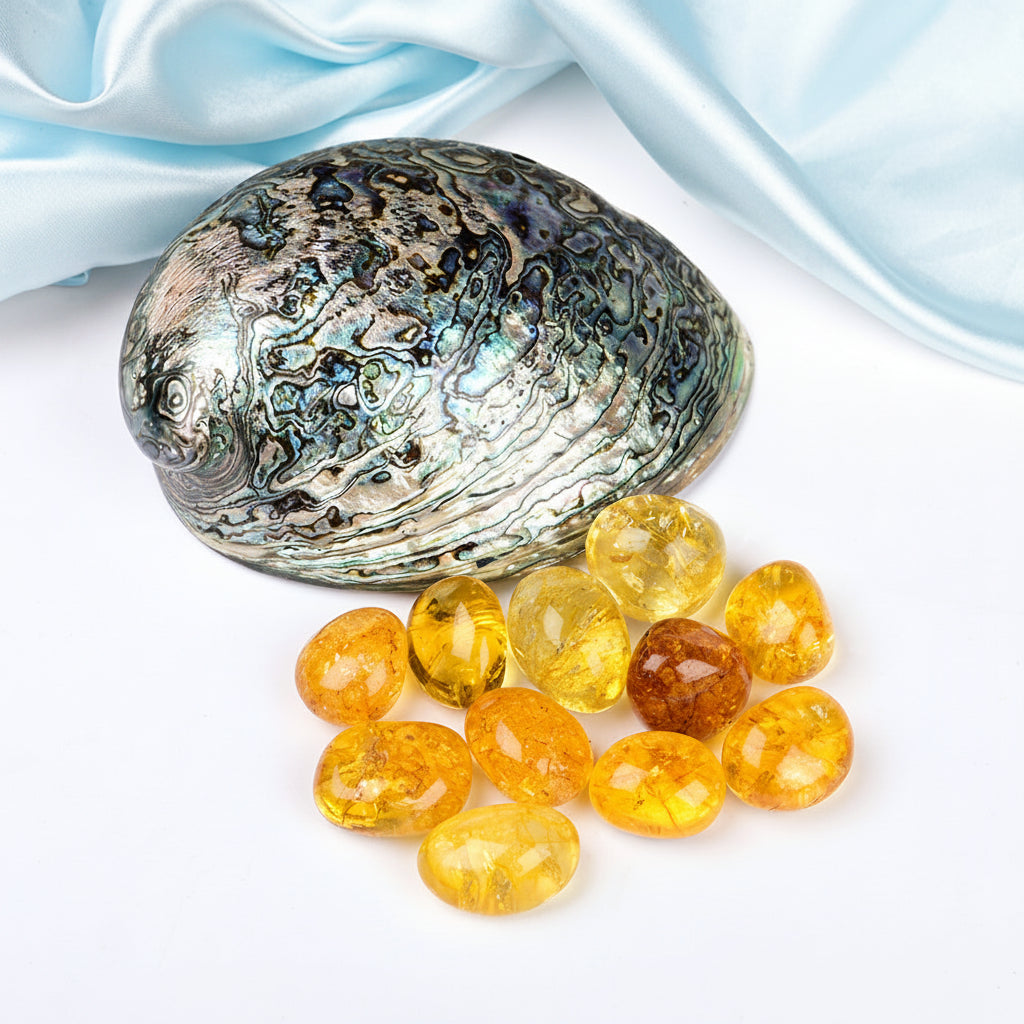 8 Directions Tumble Stone in Paua Shell-With Plate-Yellow Citrine (South East)