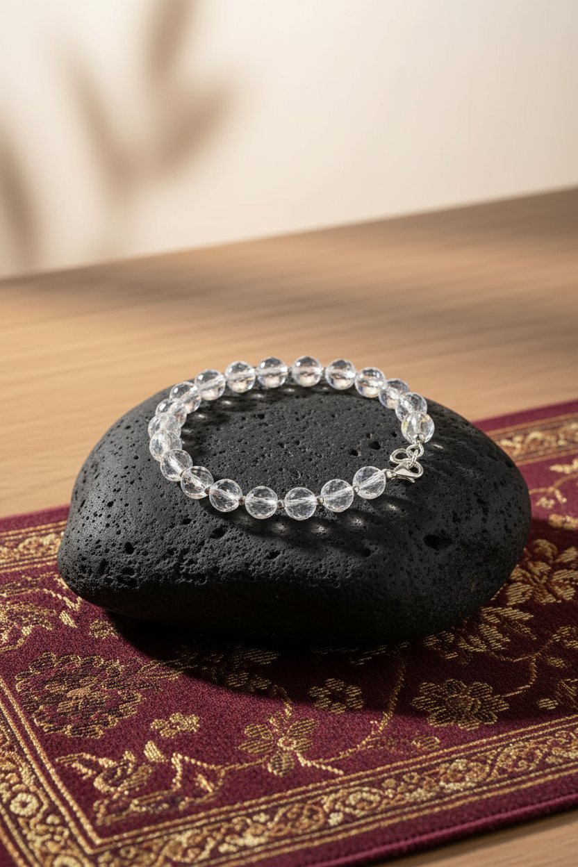 Mani Monk Aura Faceted Sphatik Bracelet with Silver Balls & Hook – 8 mm