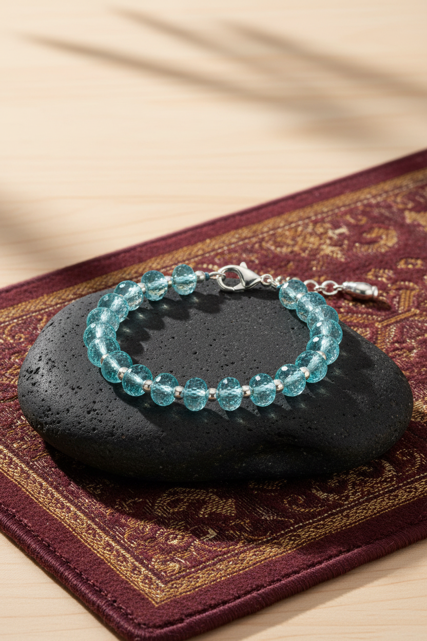 Natural Aquamarine Button Shape Bracelet with Silver Balls | Faceted Gemstone Bracelet