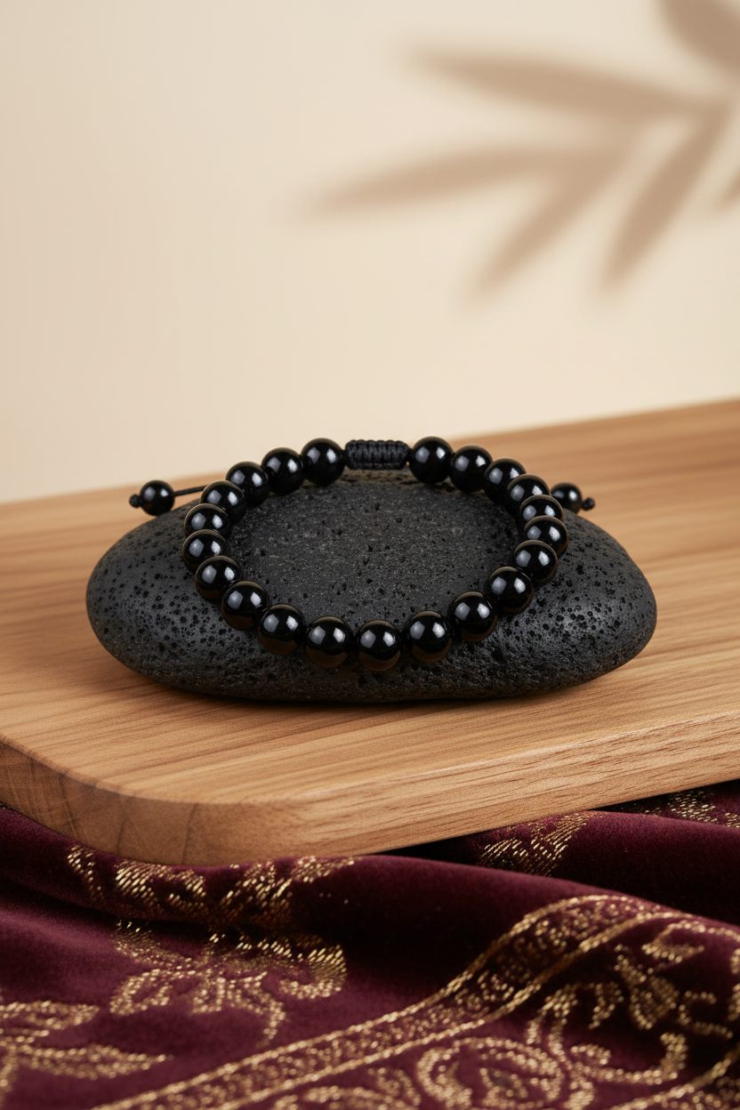 Natural Black Tourmaline Adjustable Thread Bracelet | 10mm Gemstone Bracelet