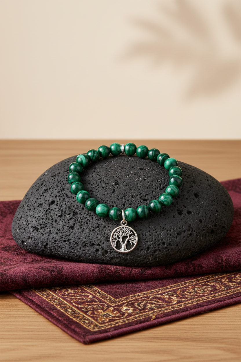 Natural Malachite Tree of Life Bracelet | 10mm Gemstone Bracelet for Healing & Meditation