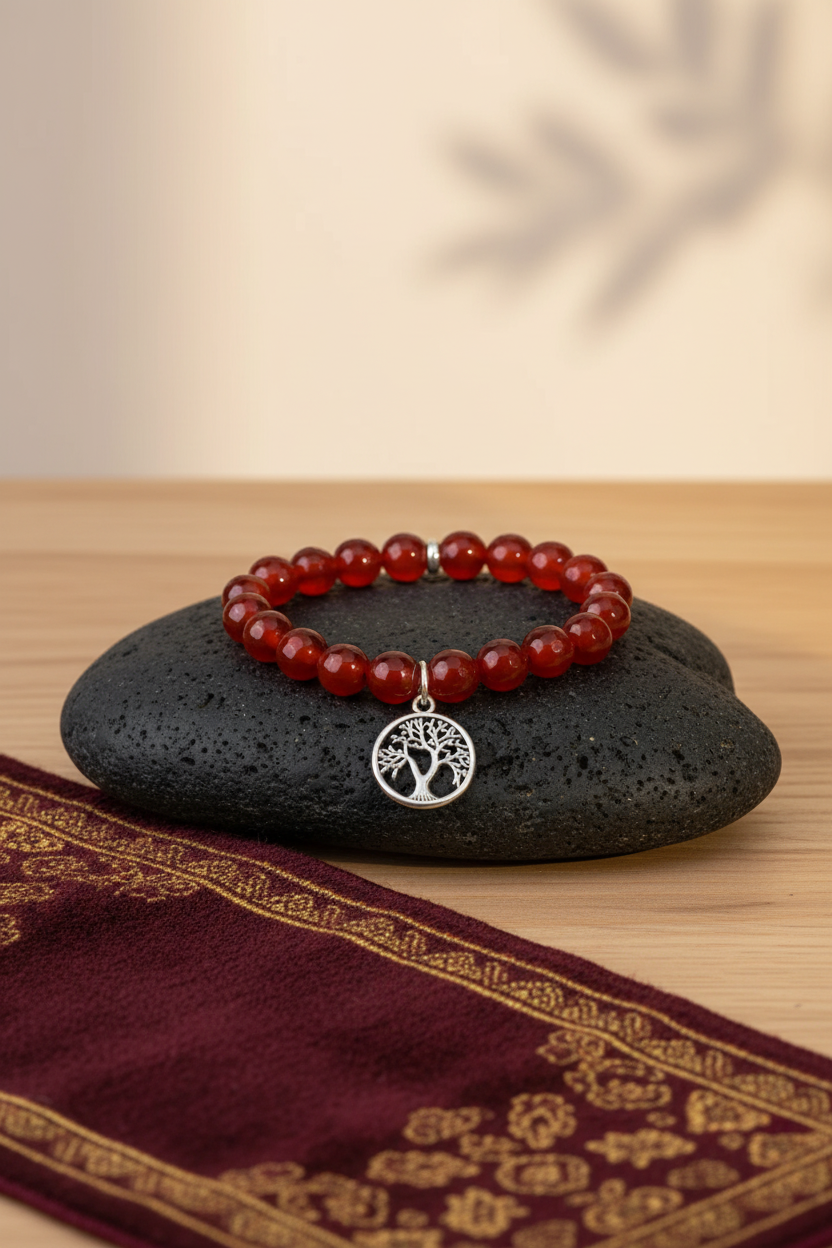 Natural Faceted Red Carnelian Tree of Life Bracelet | 8mm Healing Gemstone Bracelet