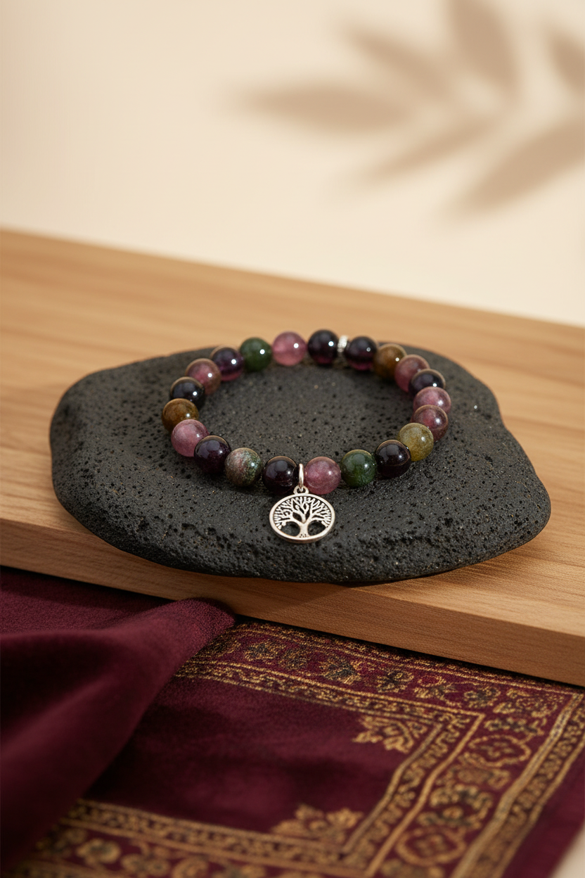 Natural Multi Tourmaline Tree of Life Bracelet | 8mm Healing & Meditation Gemstone Bracelet