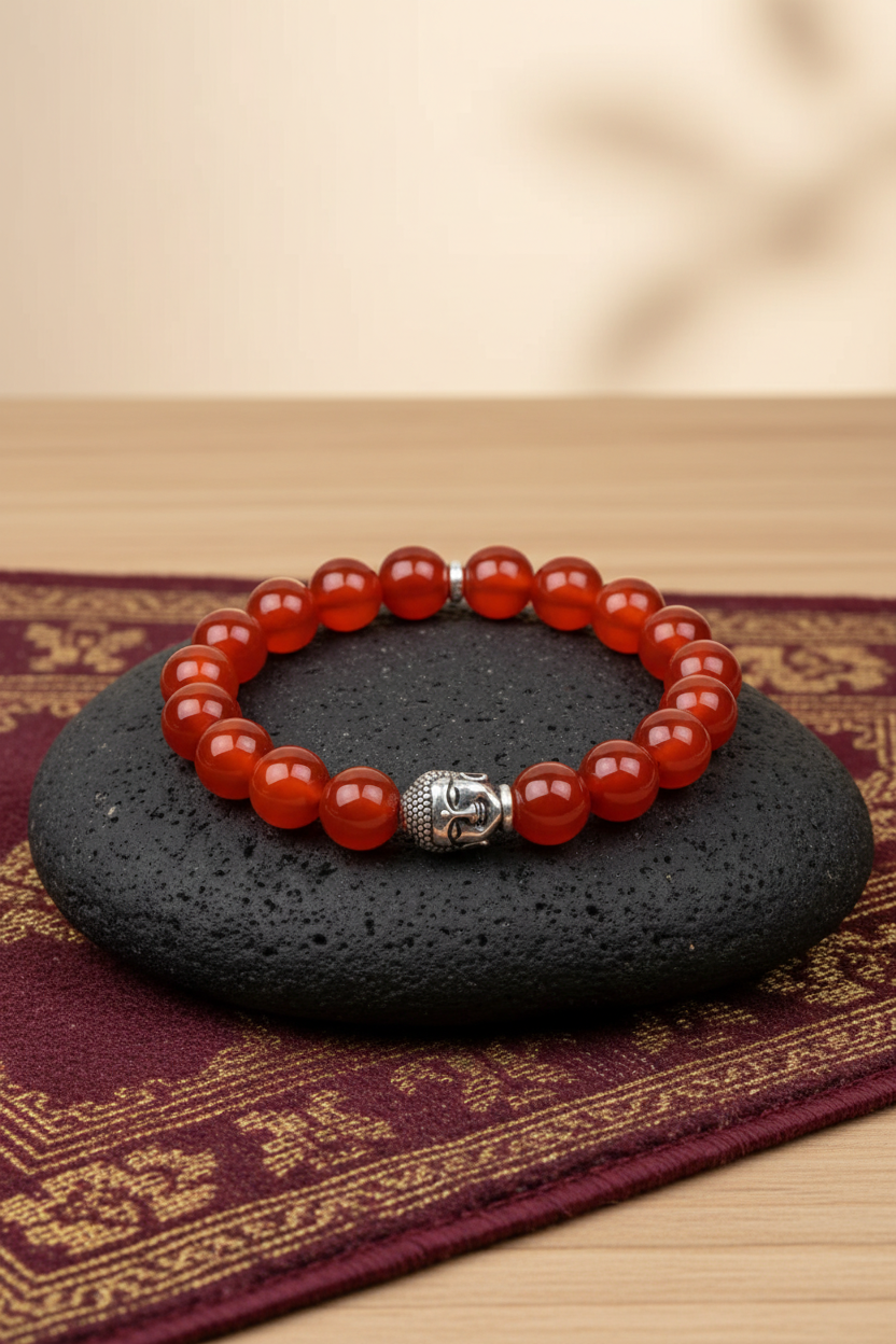 Natural Red Carnelian Buddha Charm Bracelet – 8mm Gemstone Bracelet for Healing, Meditation & Positive Energy