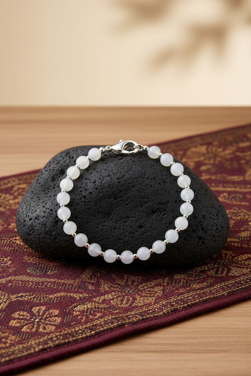 Natural Moonstone Silver Chakri Bracelet – 8 mm Gemstone Bracelet for Healing & Meditation