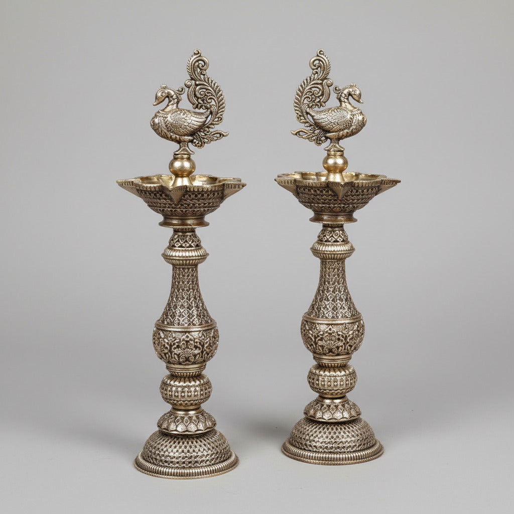 Ashtadhatu Peacock Samai Oil Lamp Set of 2