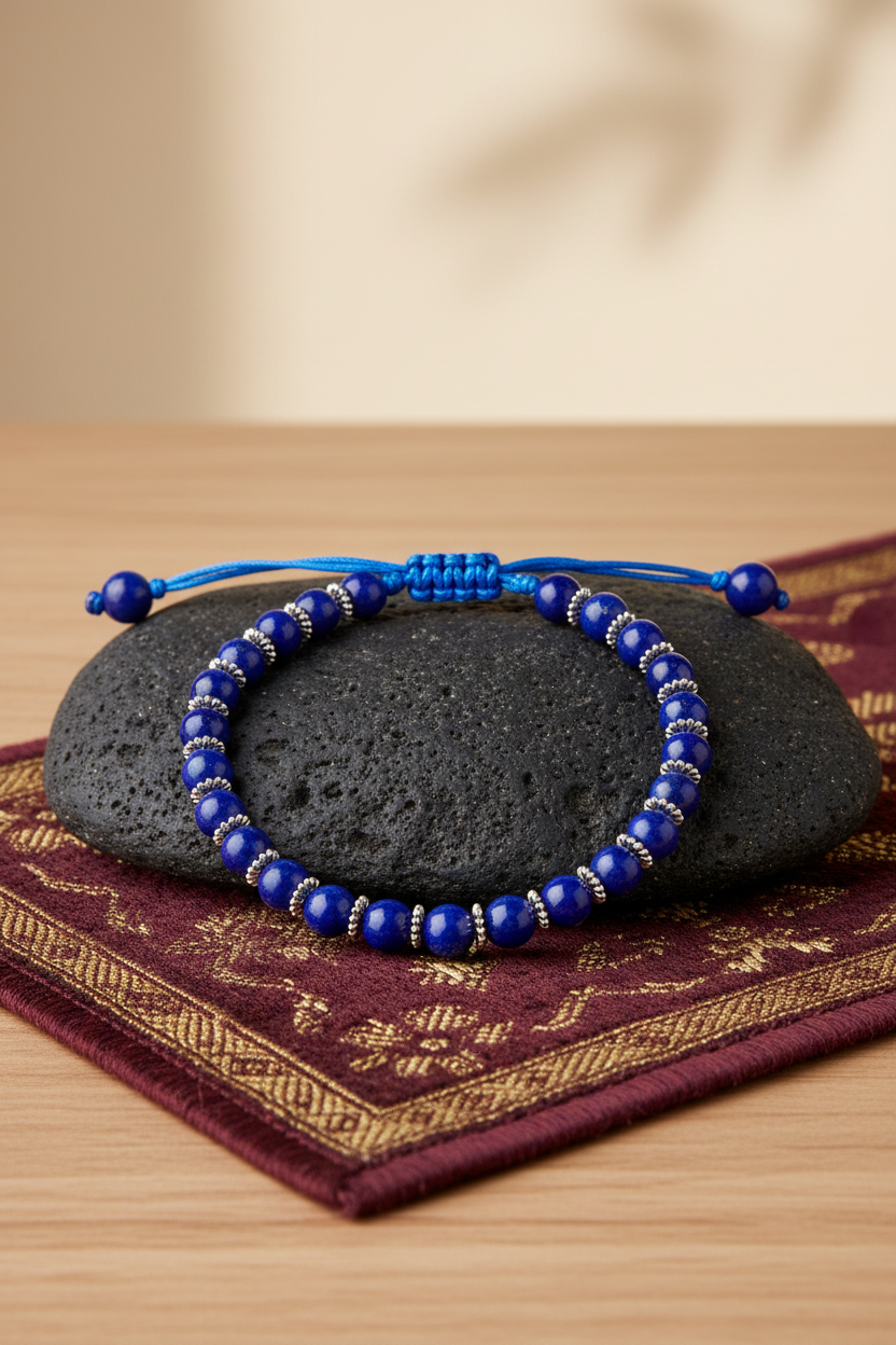 Natural Lapis Lazuli Silver Chakri Adjustable Bracelet – 10 mm Gemstone Bracelet