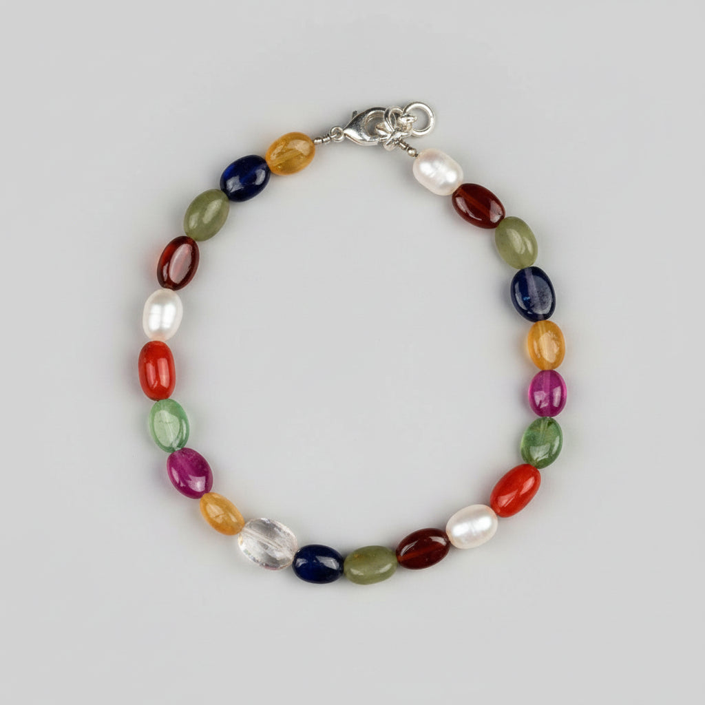 Navratna Oval Beads Bracelet-34.6 Carat