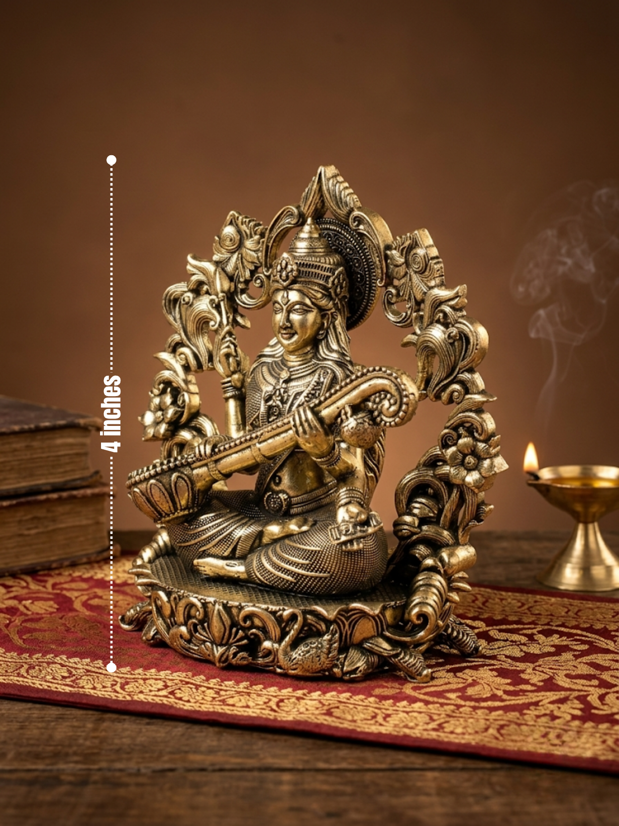 Goddess Saraswati with Floral Frame Ashtadhatu Idol Energised Saraswati Murti