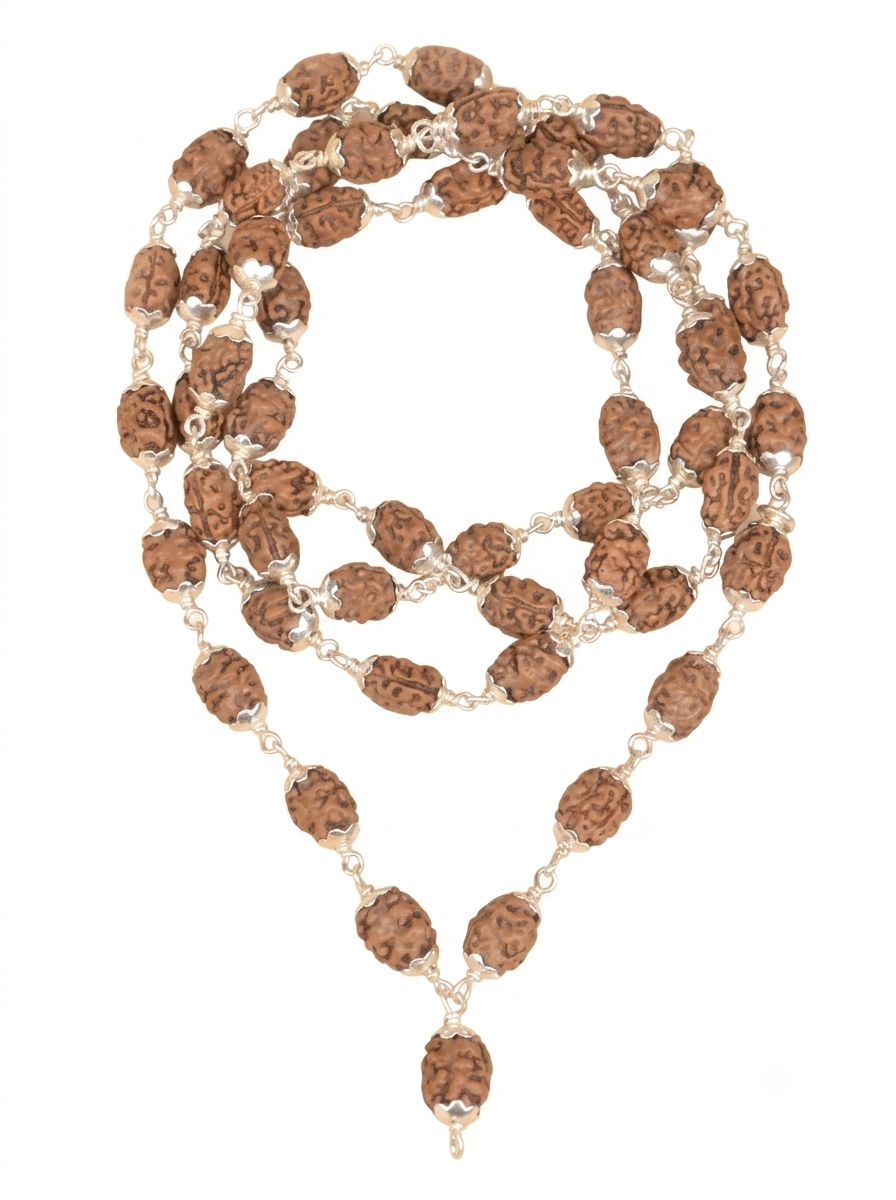 2 Mukhi Rudraksha Mala with German Silver Flower Caps – 10 mm