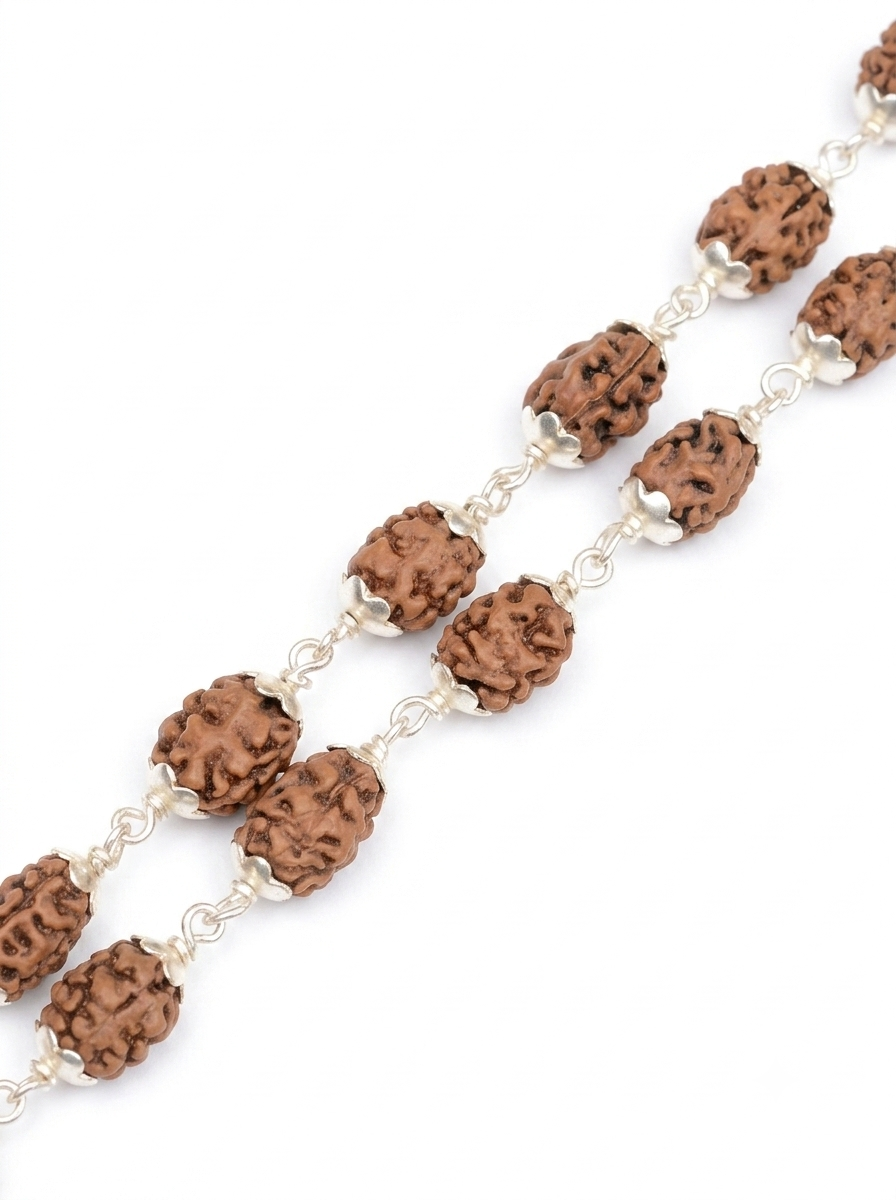 2 Mukhi Rudraksha Mala with German Silver Flower Caps – 10 mm