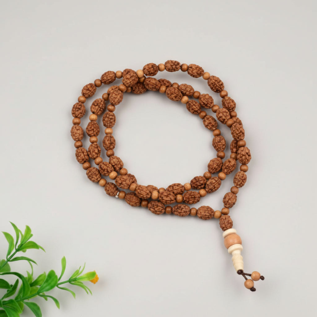 3 Mukhi Mahajwala mala with White Sandalwood Beads
