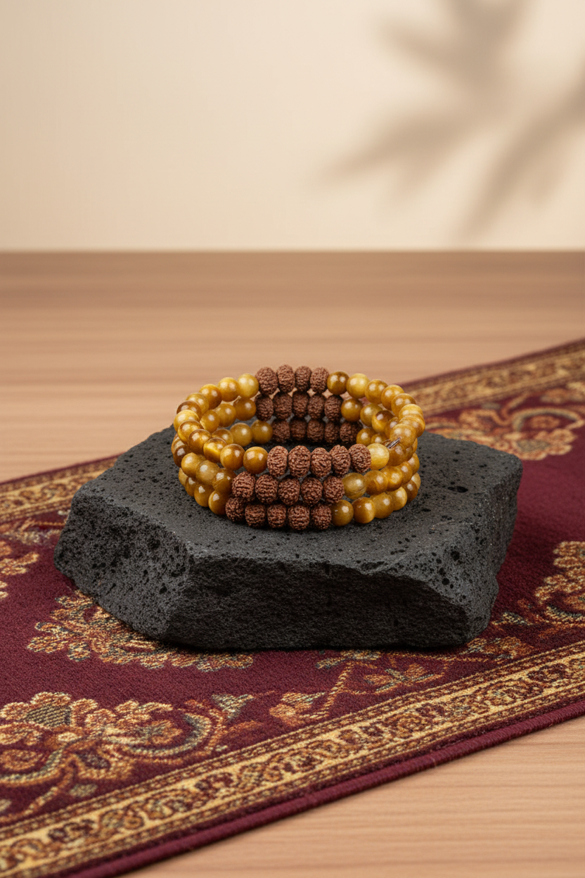 Natural Brown Cat's Eye & 8 Mukhi Rudraksha Spiral Stack Bracelet | 8mm Healing Gemstone Bracelet