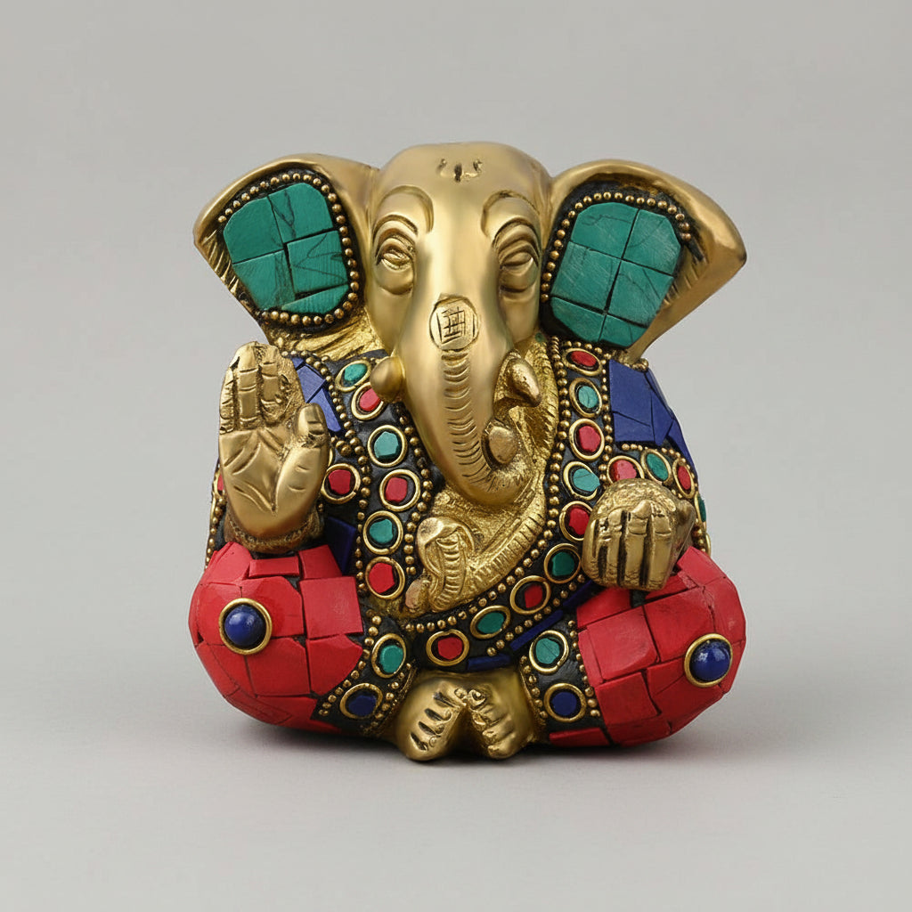 Lord Ganesh Multicolour Studded Stone Work Brass Idol