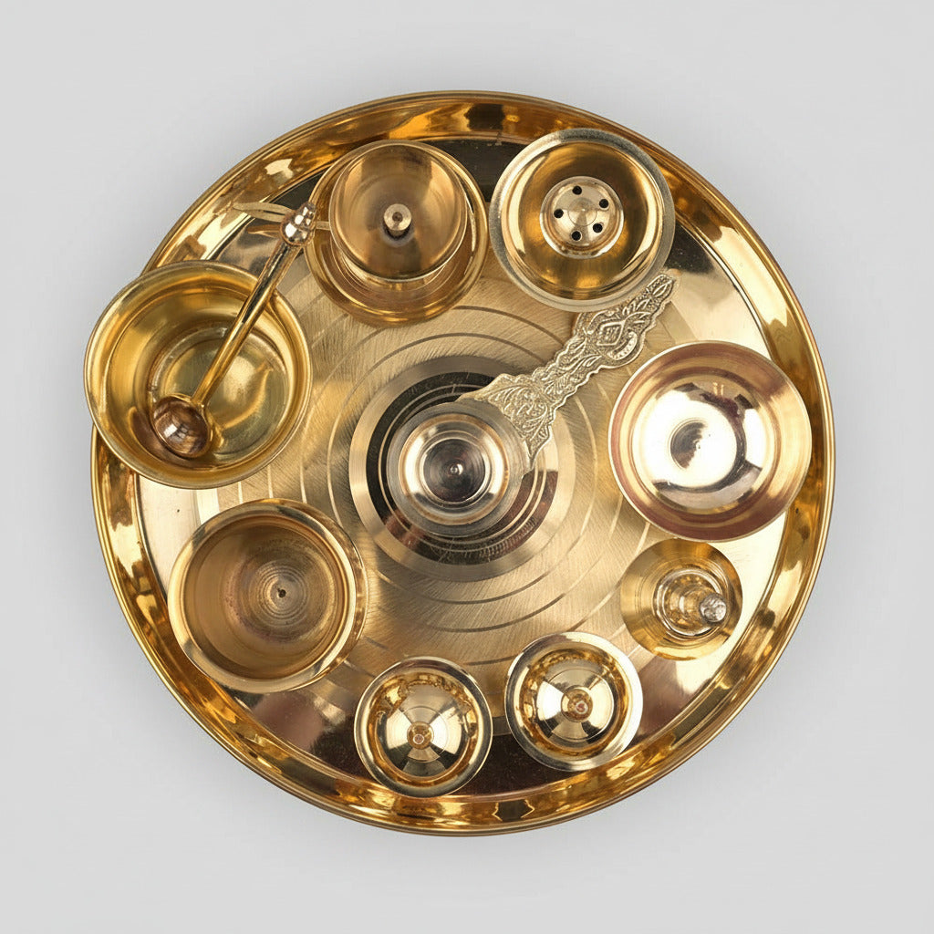 Royal Puja Thali with Ghanti Batti & Kapoor Aarti Diya Haldi KumKum Dibbis Katori Kalash Agarbatti Stand Achamani Pot & Spoon