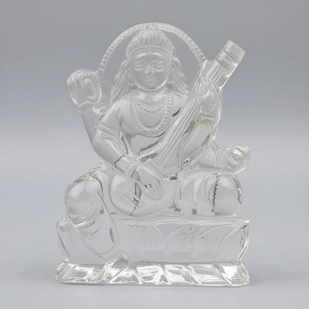 Hand Carved Sphatik Crystal Saraswati Idol - 325 gms