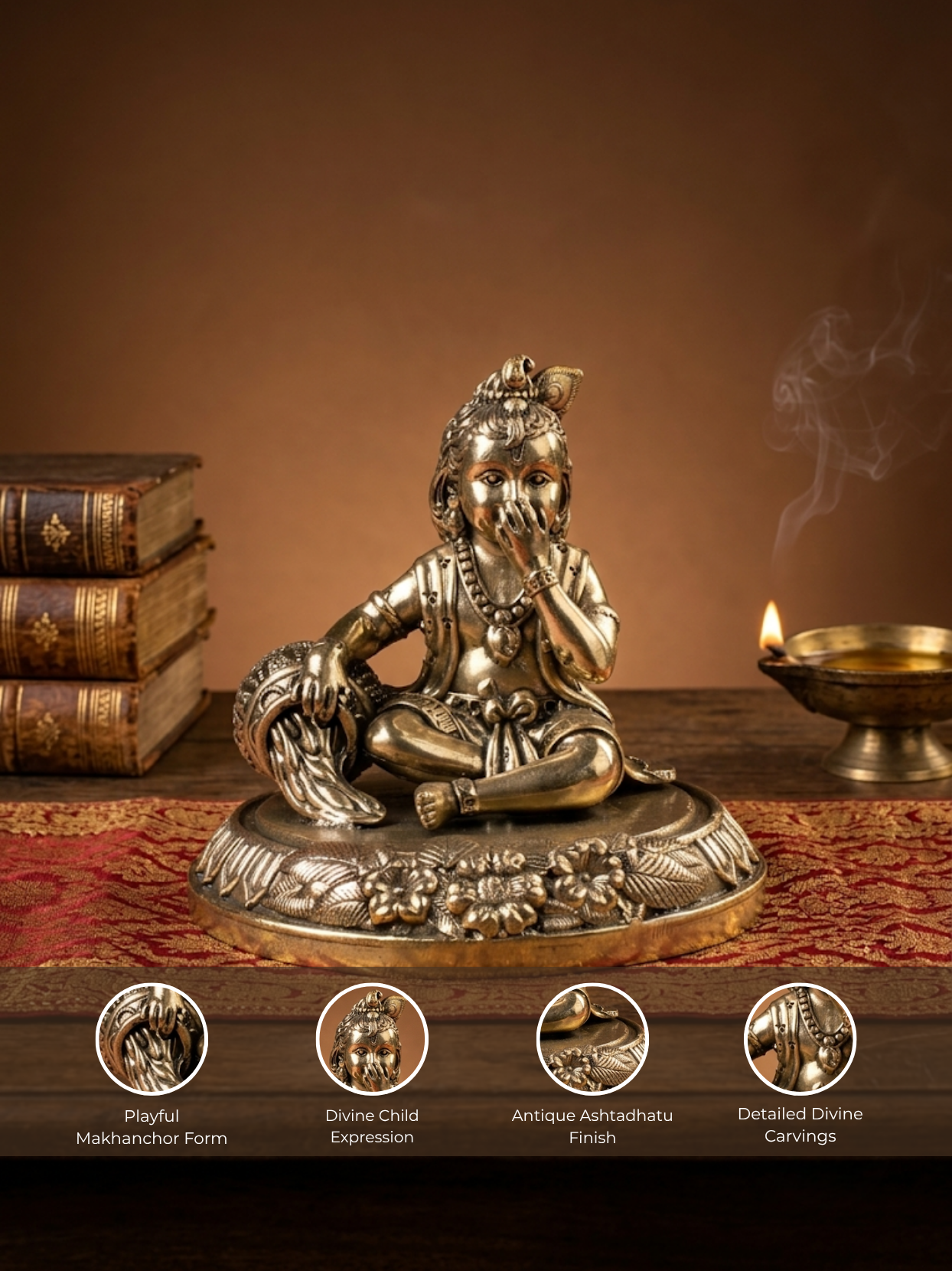 Makhanchor Bal Krishna Ashtadhatu Idol - Energised Butter Krishna Murti for Home Mandir