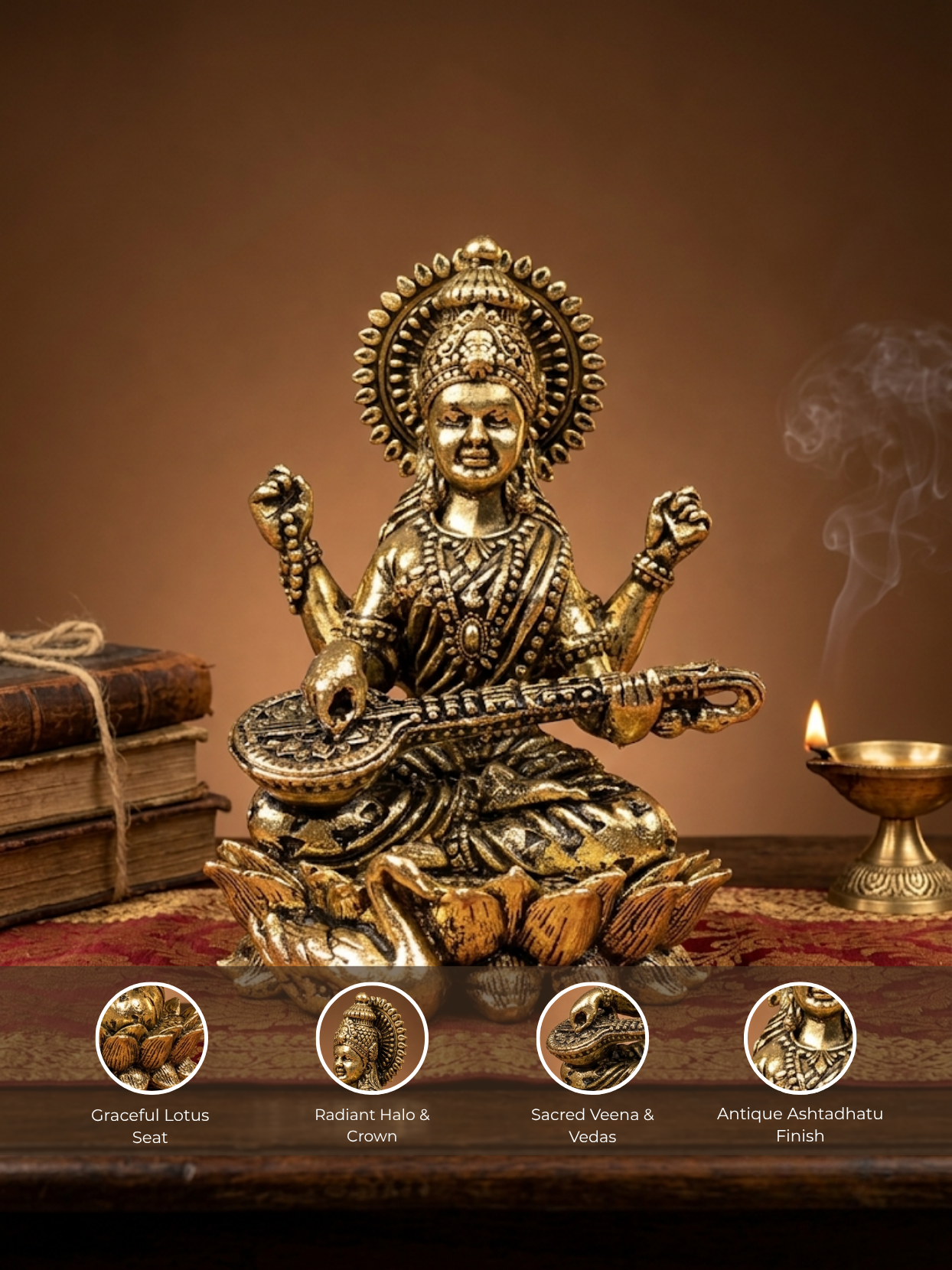 Saraswati on Lotus Ashtadhatu Idol Energised Goddess of Knowledge Murti