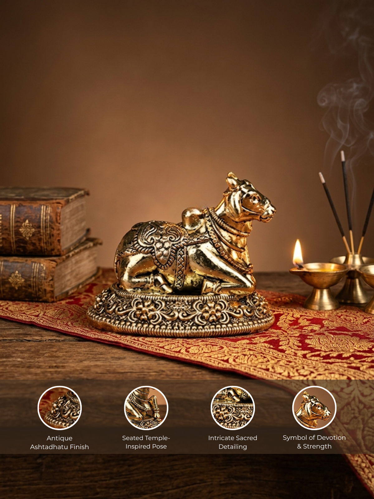 Nandi Ashtadhatu Idol Sacred Bull of Lord Shiva Energised Murti for Home Mandir