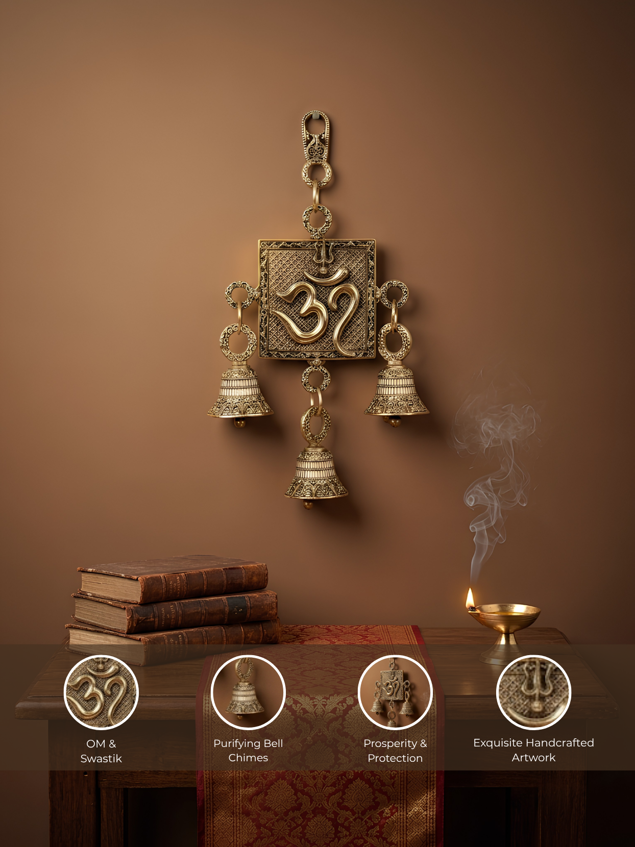 Ashtadhatu OM Swastik Door Hanging Bells | Energised Sacred Entrance Bell for Home
