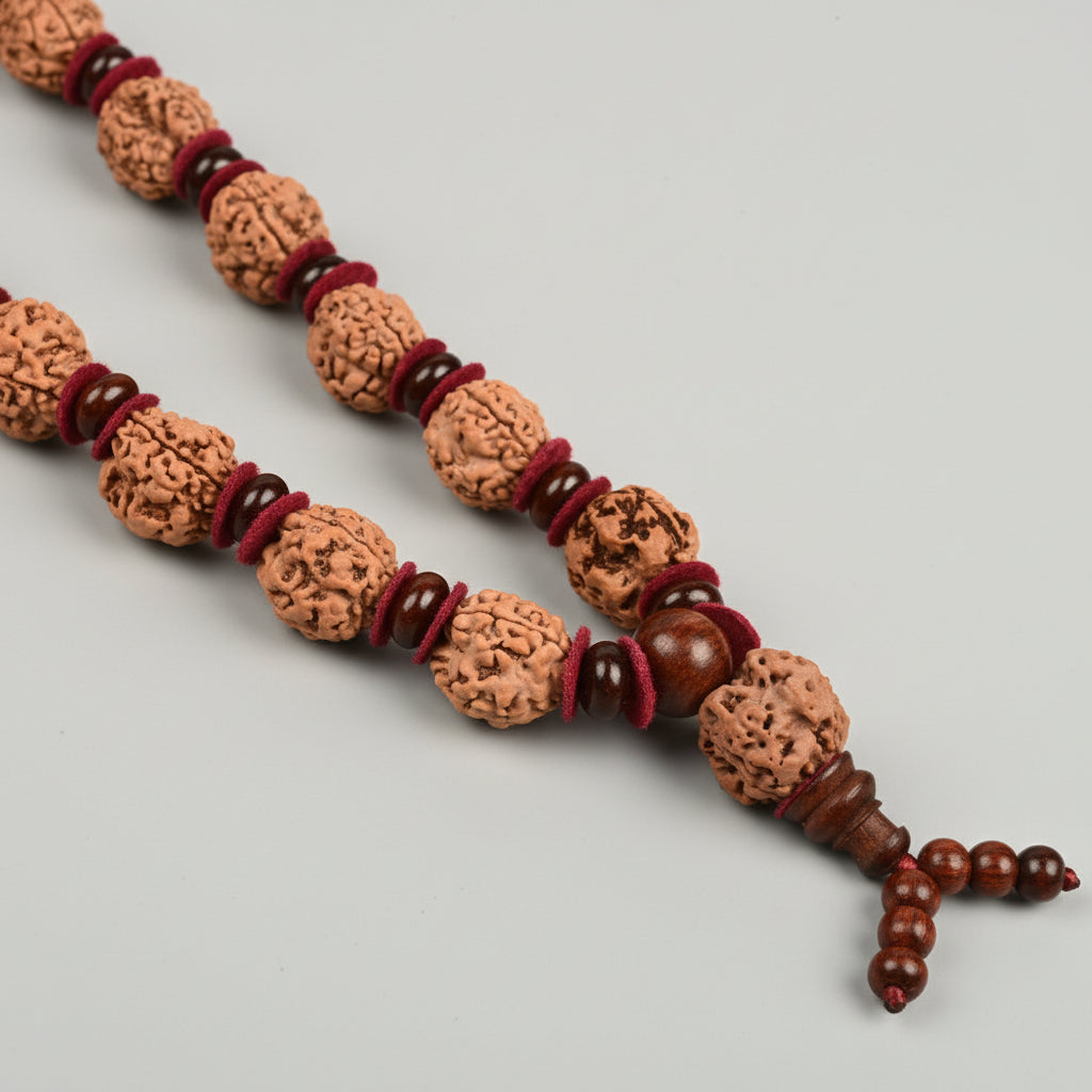 3 Mukhi Mala with White Sandalwood Beads 15 to 20 mm mani monk