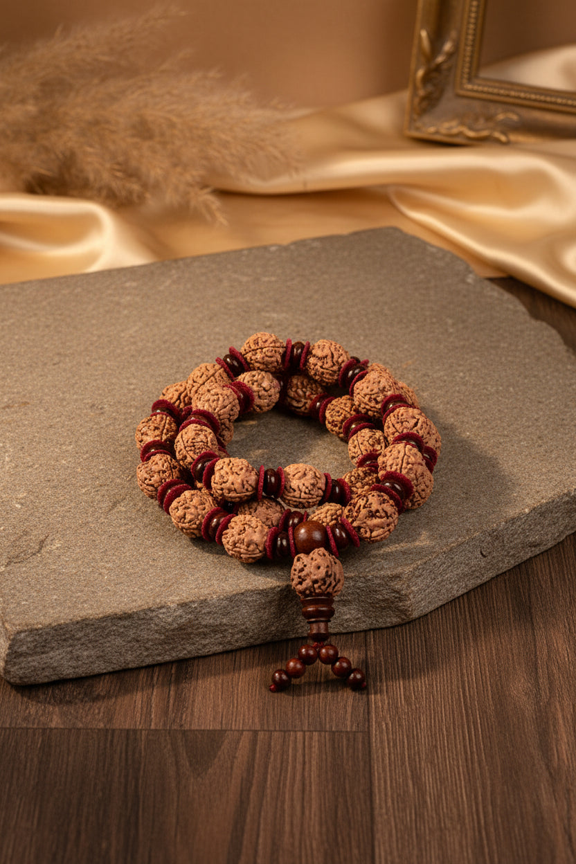 3 Mukhi Mala with White Sandalwood Beads 15 to 20 mm