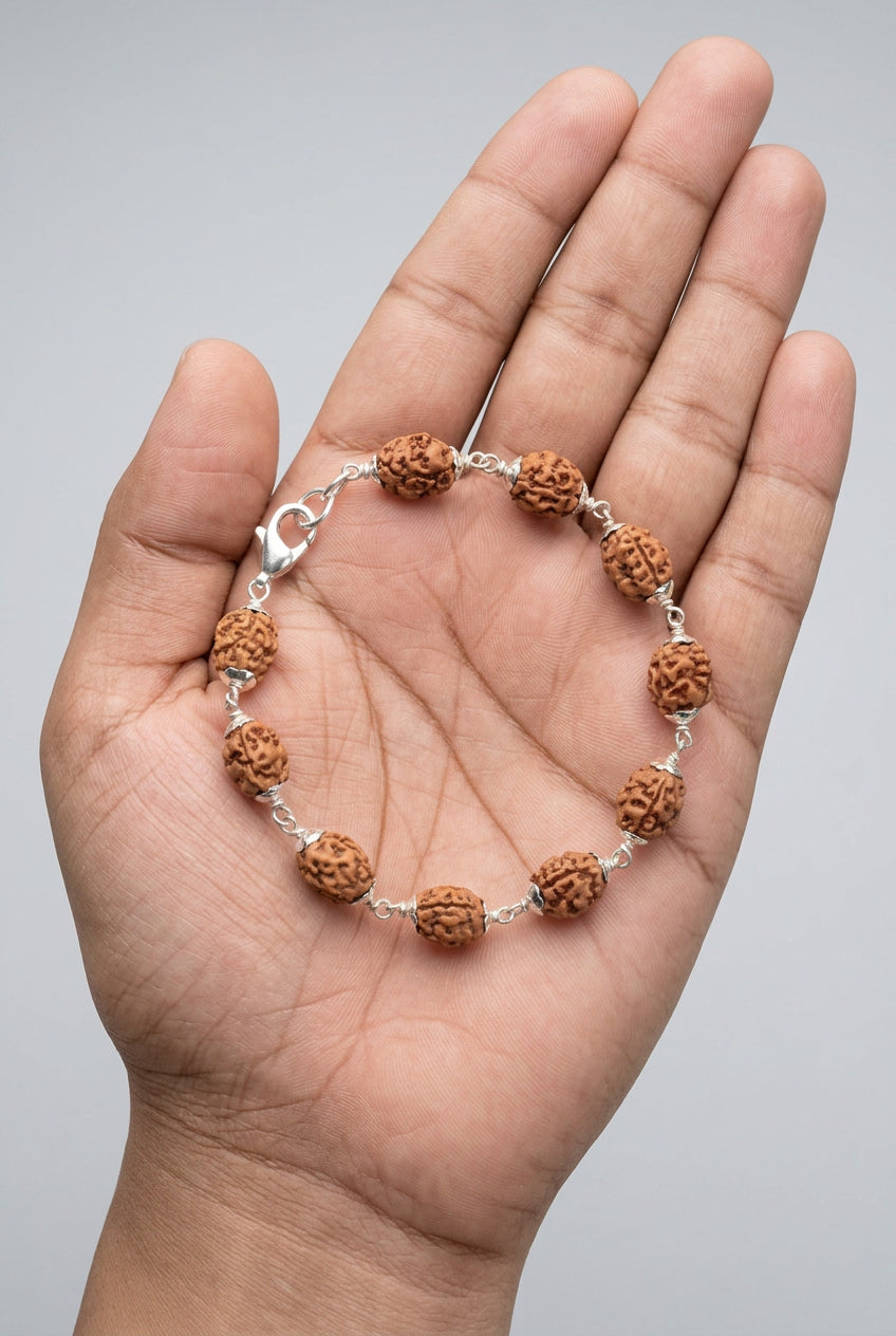 3 Mukhi Rudraksha Bracelet with 925 Sterling Silver Flower Caps – Adjustable Spiritual Bracelet