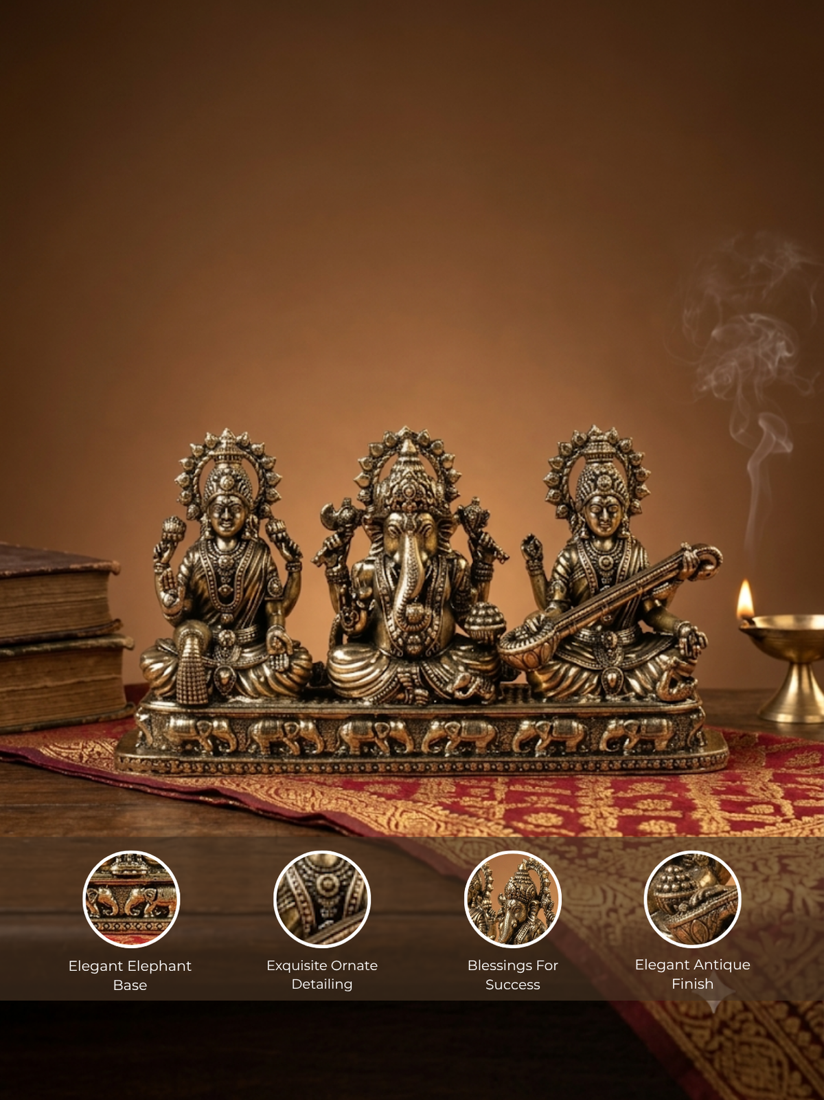 Lakshmi Ganesh Saraswati on Pedestal Ashtadhatu Idol Energised Divine Trio Murti