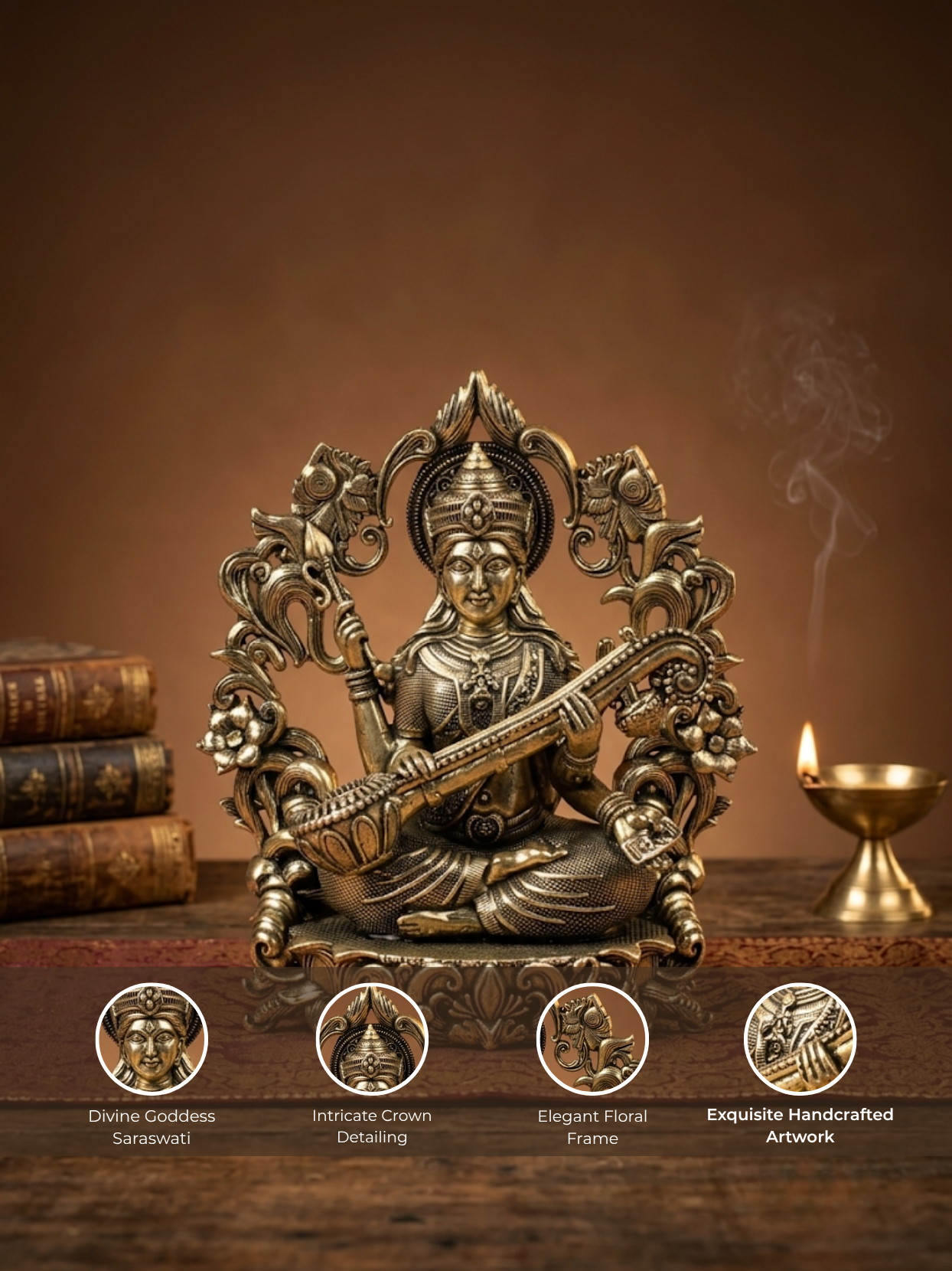 Goddess Saraswati with Floral Frame Ashtadhatu Idol Energised Saraswati Murti