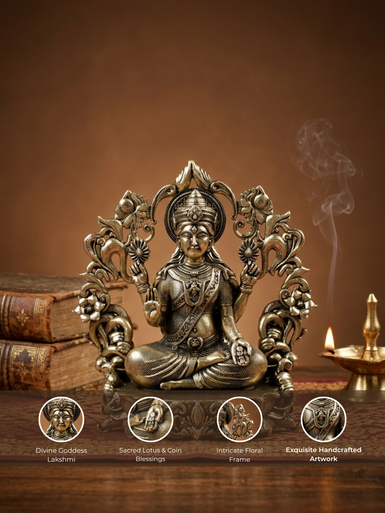 Goddess Lakshmi with Floral Frame Ashtadhatu Idol Energised Lakshmi Murti
