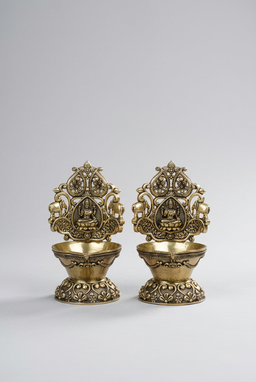 Ashtadhatu Gaj Lakshmi Diya Set of 2 - Goddess Lakshmi Puja Diya