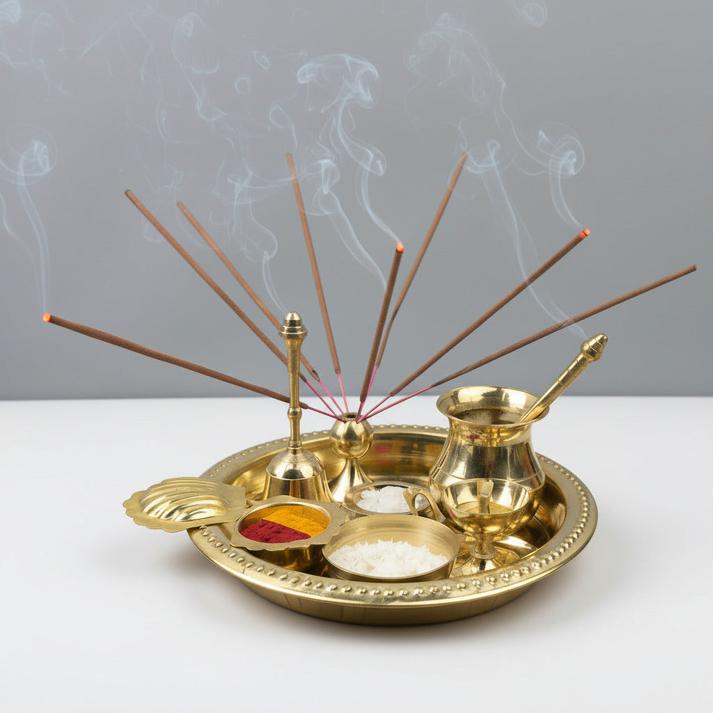 Brass Puja Thali with Ghanti Kapoor Batti Aarti Diya Katori Haldi KumKum Bowl Achamani Pot & Spoon