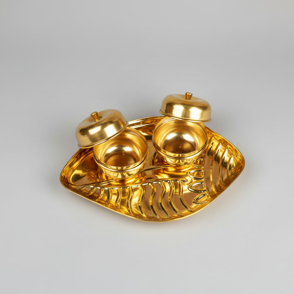 Brass Shankh Plate With Haldi Kumkum Containers (Dibbi)