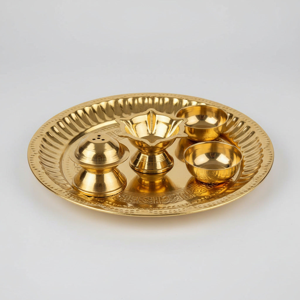Sacred Gayatri Mantra Brass Puja Thali with Panch Aarti Diya & Incense Stand