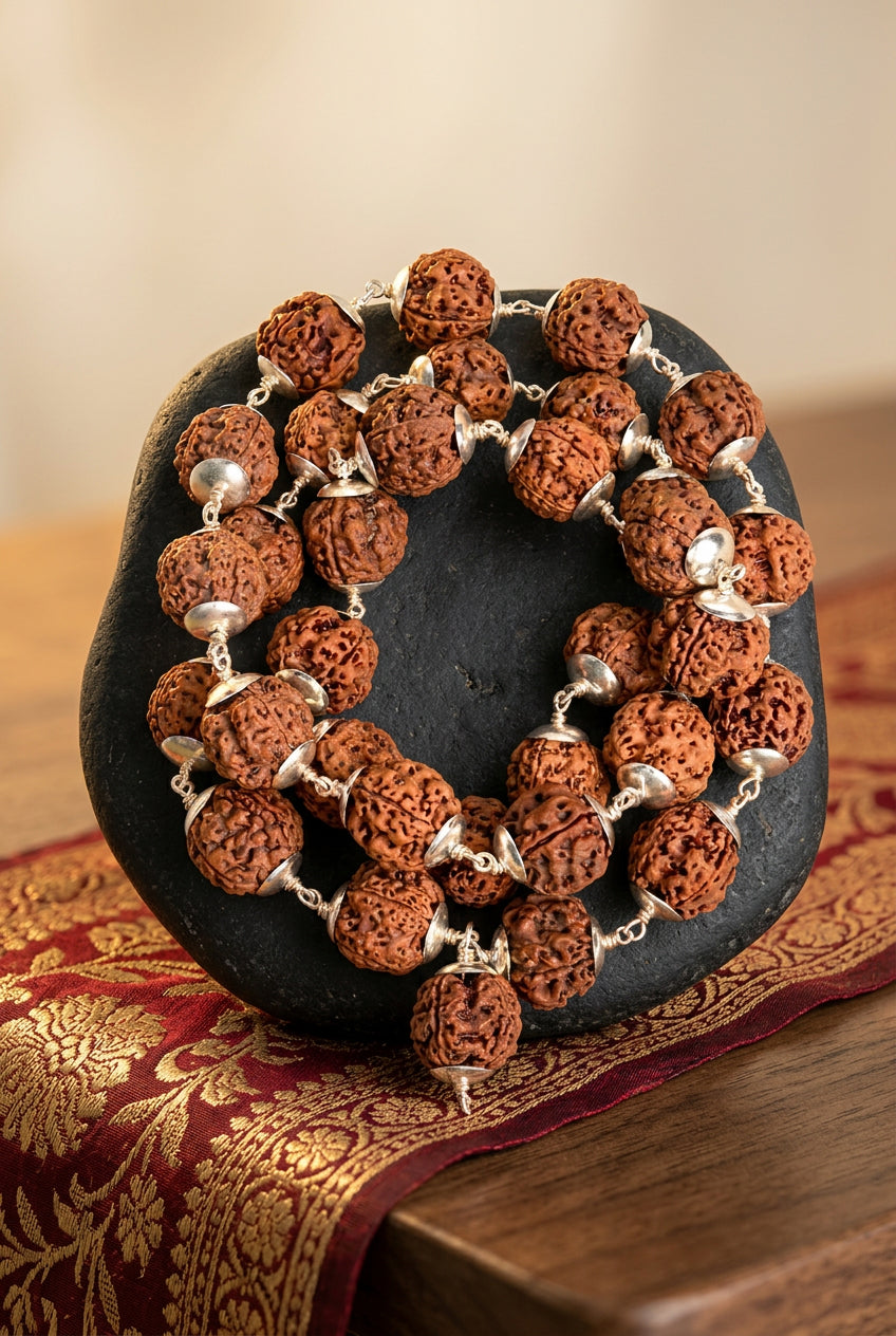 4 Mukhi Nepal Rudraksha 925 Silver Plain Caps Mala-Small - ManiMonk