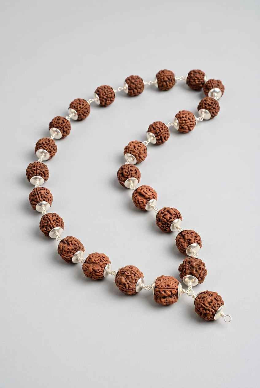 4 Mukhi Nepal Rudraksha 925 Silver Plain Caps Mala-Small - ManiMonk