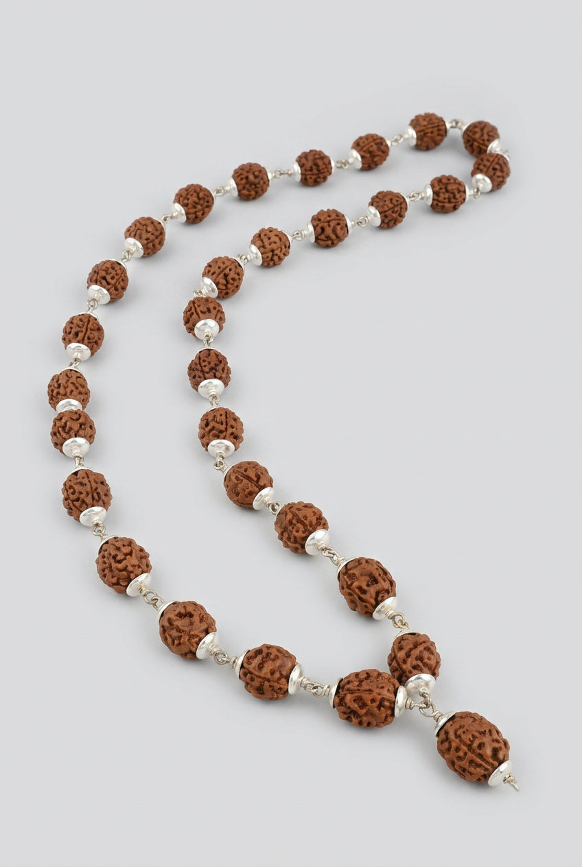 4 Mukhi Rudraksha Silver Caps Mala Plain Design