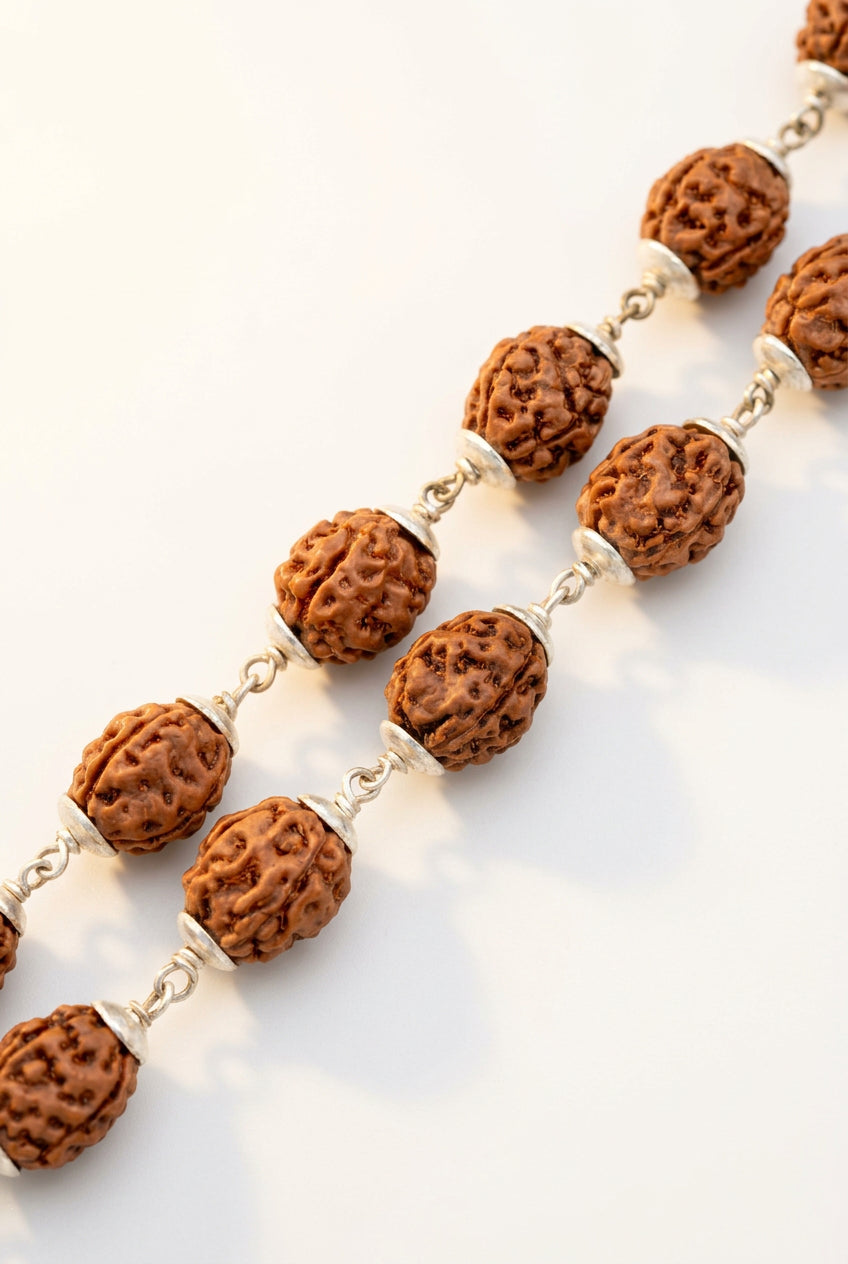4 Mukhi Rudraksha Silver Caps Mala Plain Design mani monk