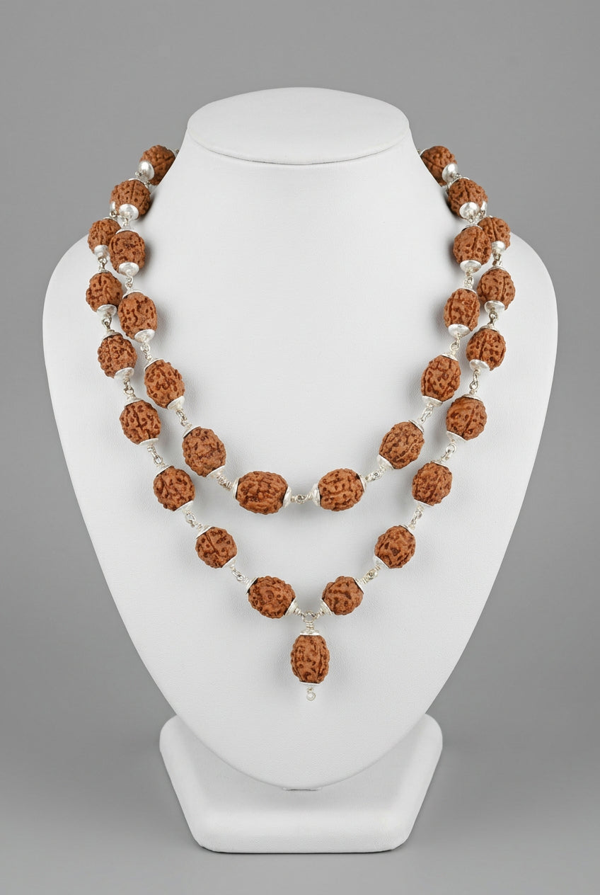 4 Mukhi Rudraksha Silver Caps Mala Plain Design mani monk