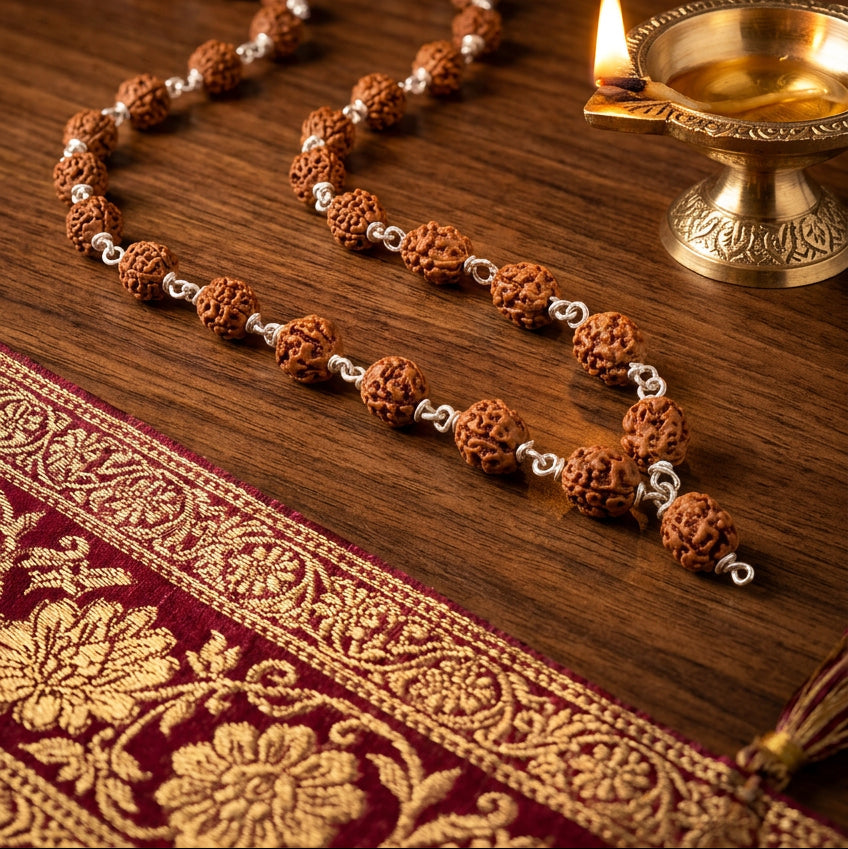 4 Mukhi Rudraksha Silver Wire Mala-German Silver-10 mm - ManiMonk