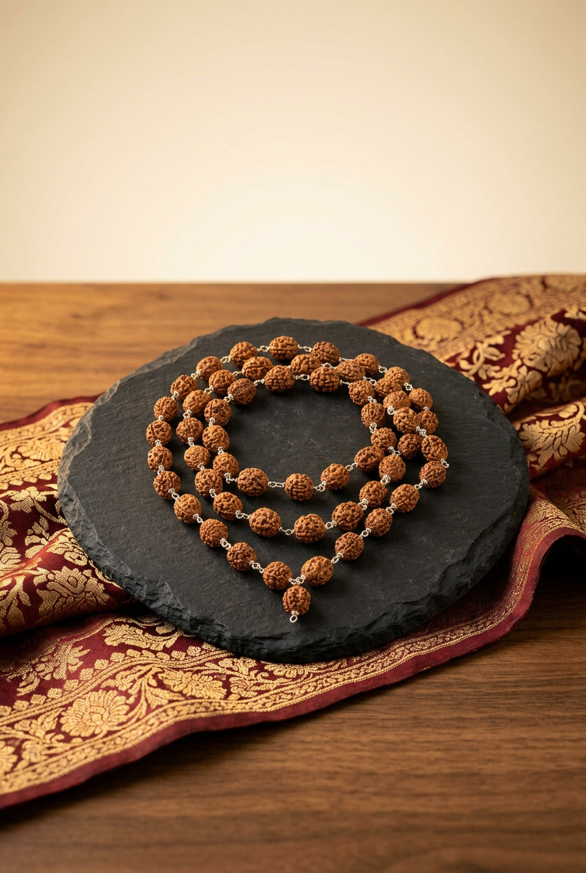 4 Mukhi Rudraksha Silver Wire Mala-German Silver-10 mm