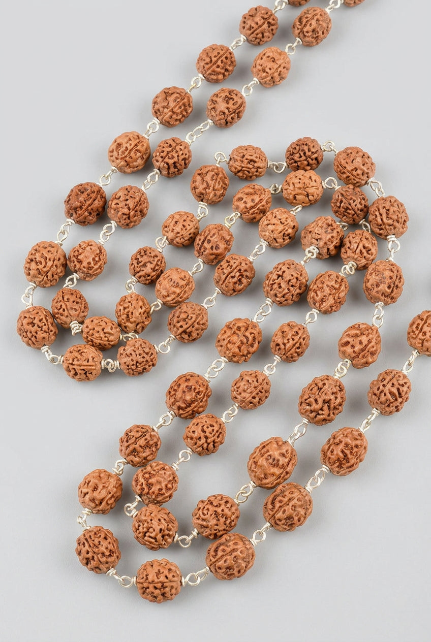 4 Mukhi Rudraksha Silver Wire Mala-German Silver-10 mm - ManiMonk
