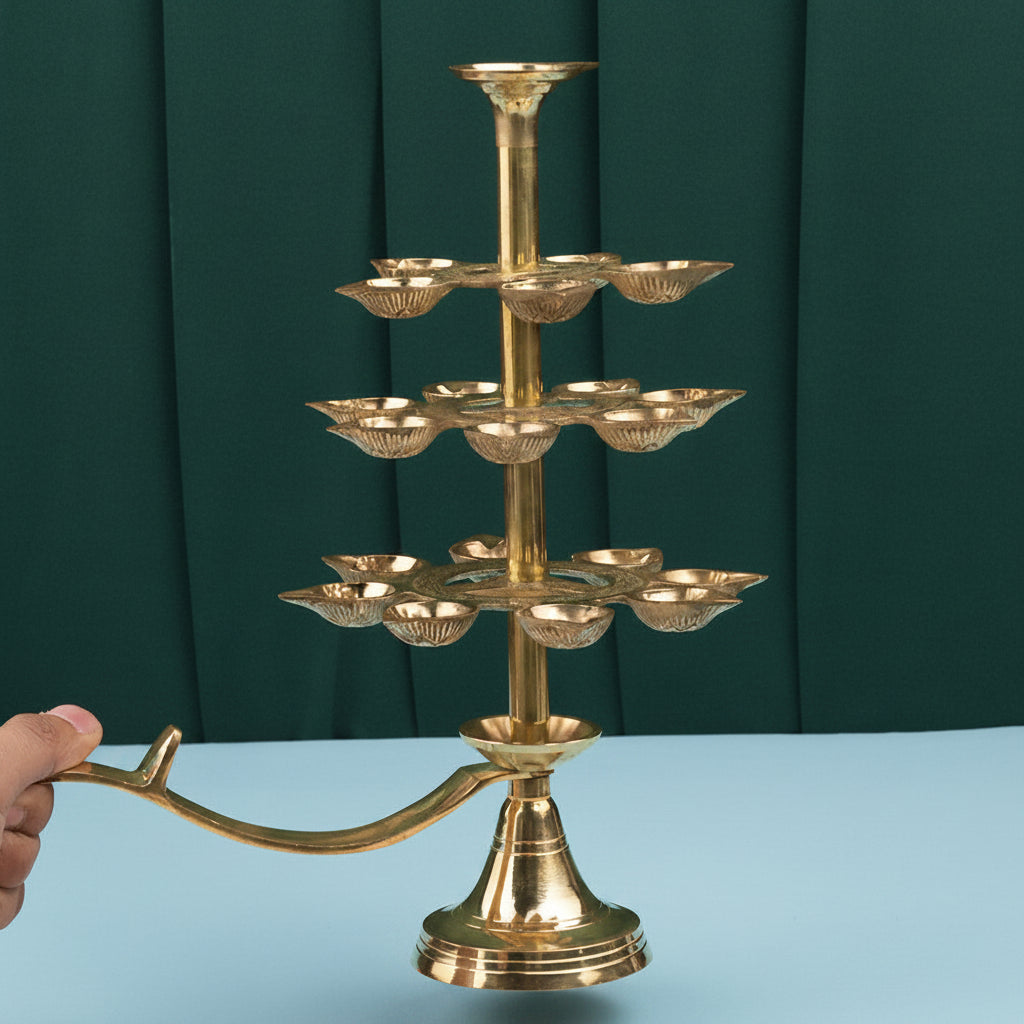 4 Tier Brass Ganga Aarti 21 Diyas Lamp with Handle