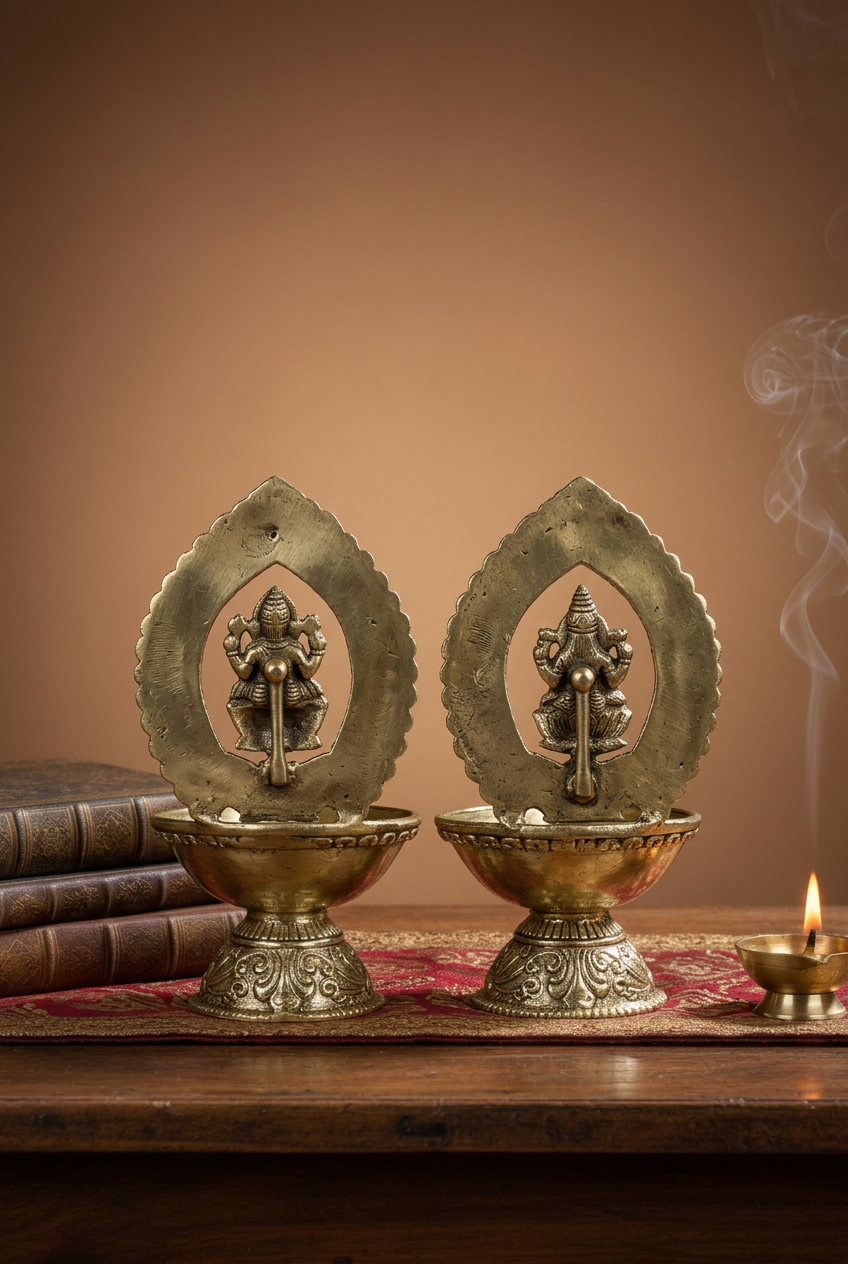 Ganesh Laxmi Prabhavalli Frame Ashtadhatu Diya Set of 2 Energised Puja Set