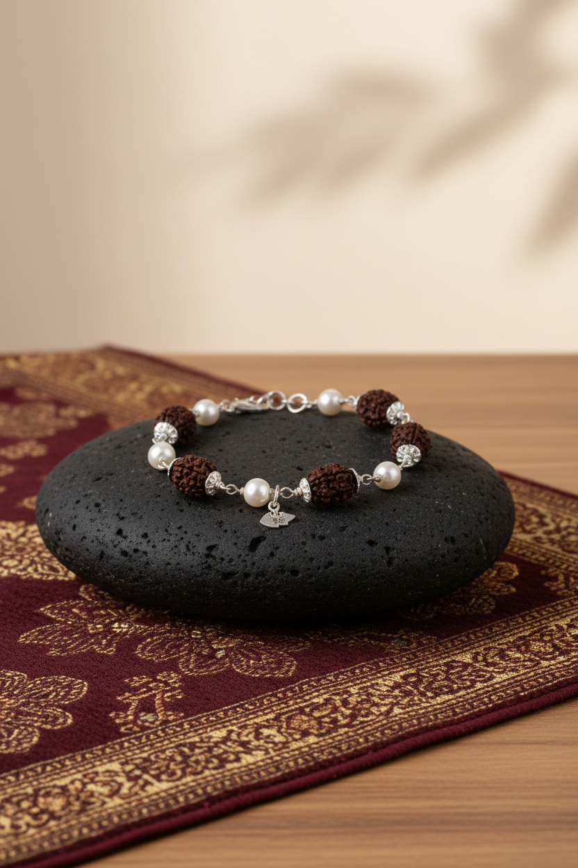 Mani Monk Moon Pearl Rudraksha Bracelet in Silver