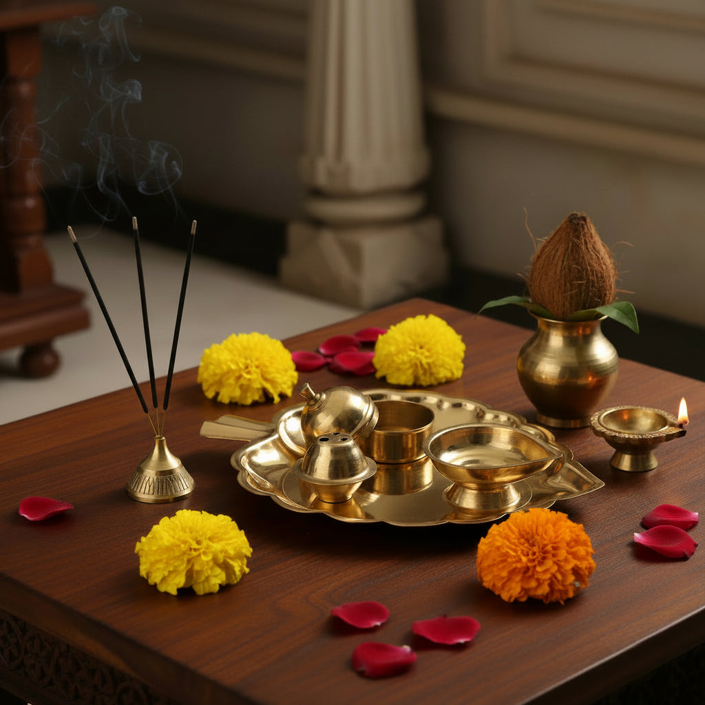 Leaf Shape Brass Puja Thali with Aarti Diya Kankavati & Agarbatti Stand