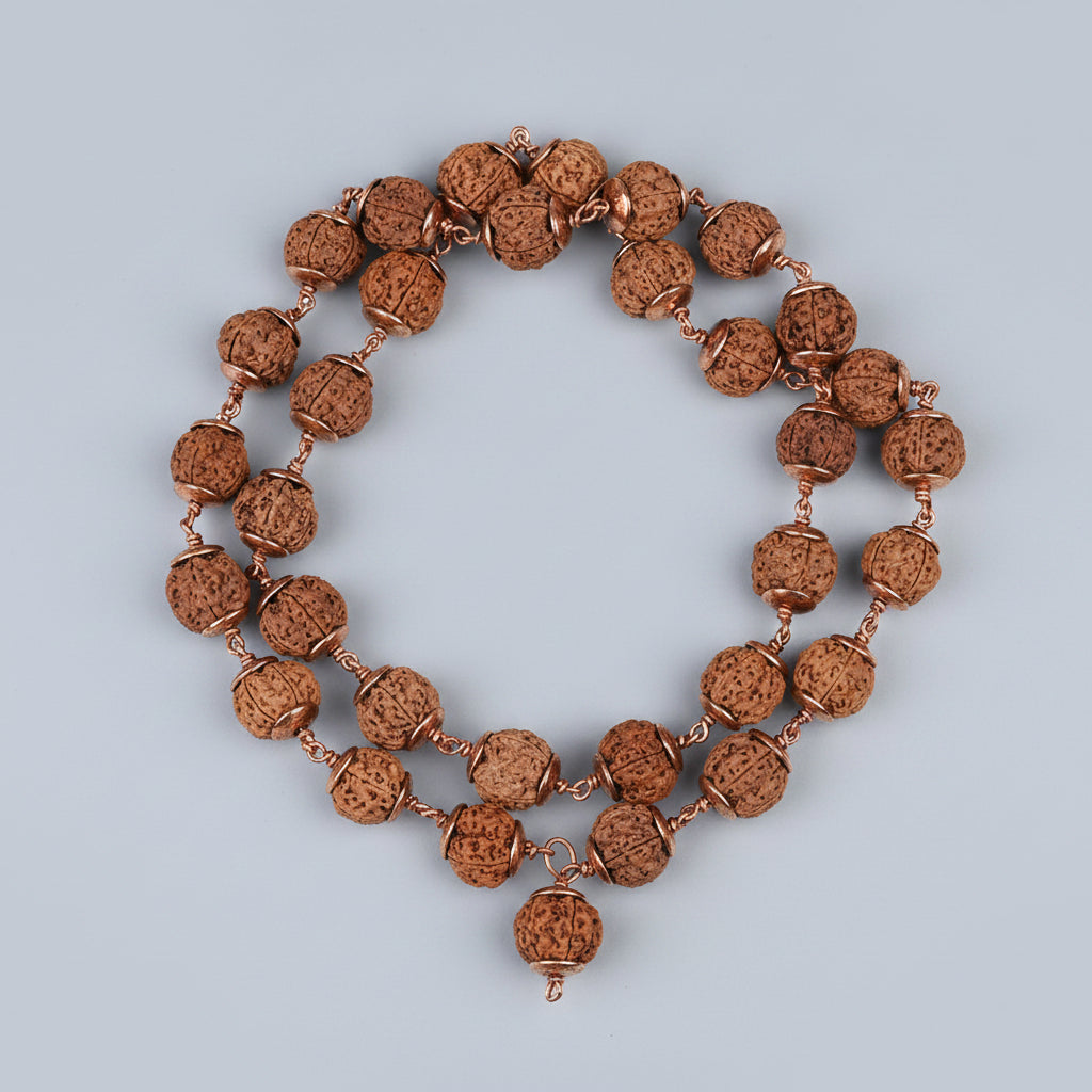 5 Mukhi Nepali Rudraksha Copper Caps Kantha Mala-Extra Small