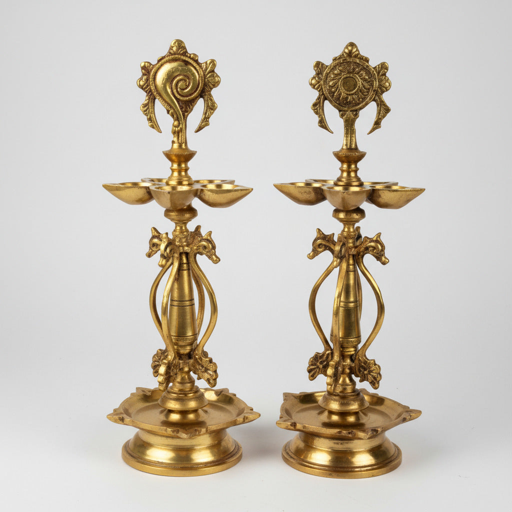 Brass Shankhu Chakra 5 Diyas and Samai Standing Oil Lamp Set of 2